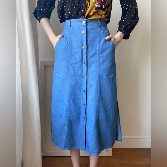 90’s lightweight denim cotton buttoned skirt / 6p - Picture 3 of 13